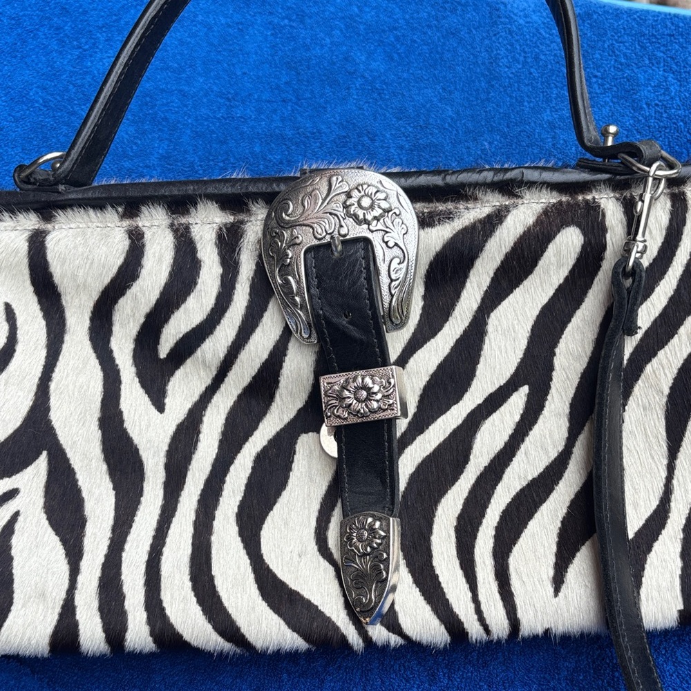Black and White Zebra Print Shoulder Bag with Silver Hardware